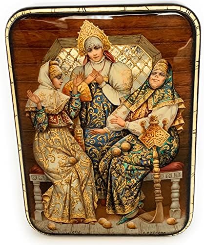 Изключителна декоративна ковчег за бижута руската лакирана миниатюра Три момичета. Изработен Федоскино от папие-маше.Домашен декор.Ръчно