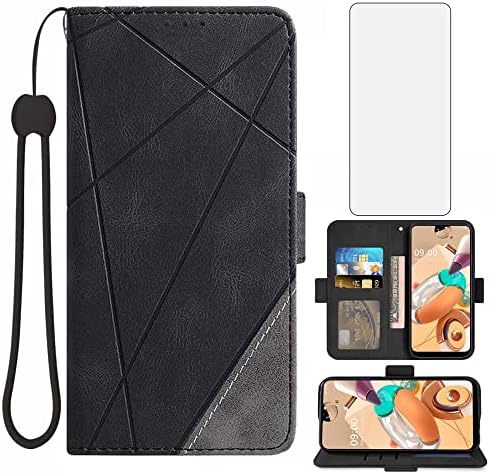 Asuwish е Съвместим с LG K61 Q61 Чанта-портфейл и защитно фолио за екран от закалено стъкло, Кожена флип-надолу капака, Държач за карти,